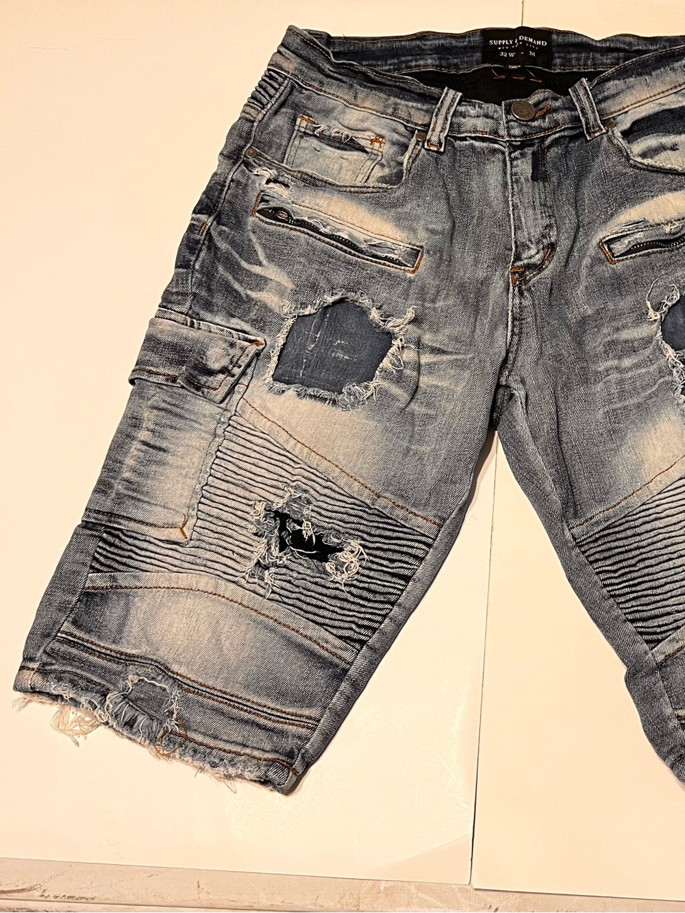 Men's Distressed Washed Blue Denim Shorts with Patchwork Detail